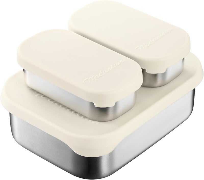 Modaniam Leak proof Stainless Steel Lunch Box Containers, Stainless Steel Bento Box , Metal Lunch Box Container , Sandwich and snack storage, Meal prep, Korean style,Small Vanilla ( 1 x 27oz + 2 x 6.5 OZ ) - Image 1